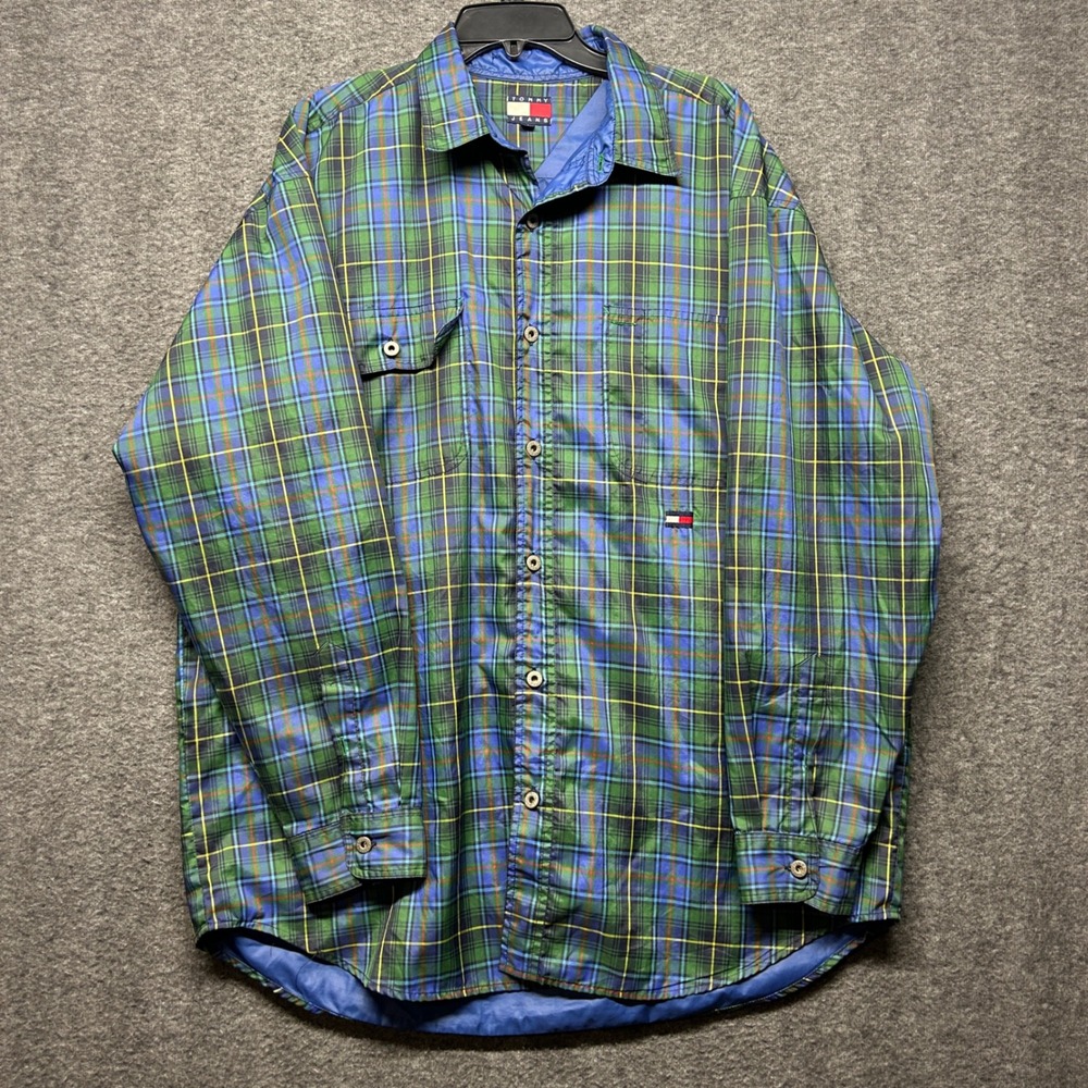 Tommy Jeans Men's Plaid Flannel Button Up Jacket Long‎ Sleeve Blue Green Large